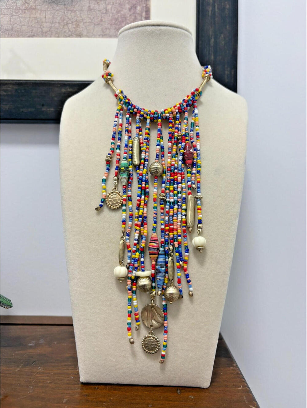 Boho Layered Fringe Seed Bead Gold Tone Statement Necklace Colorful Adjustable
